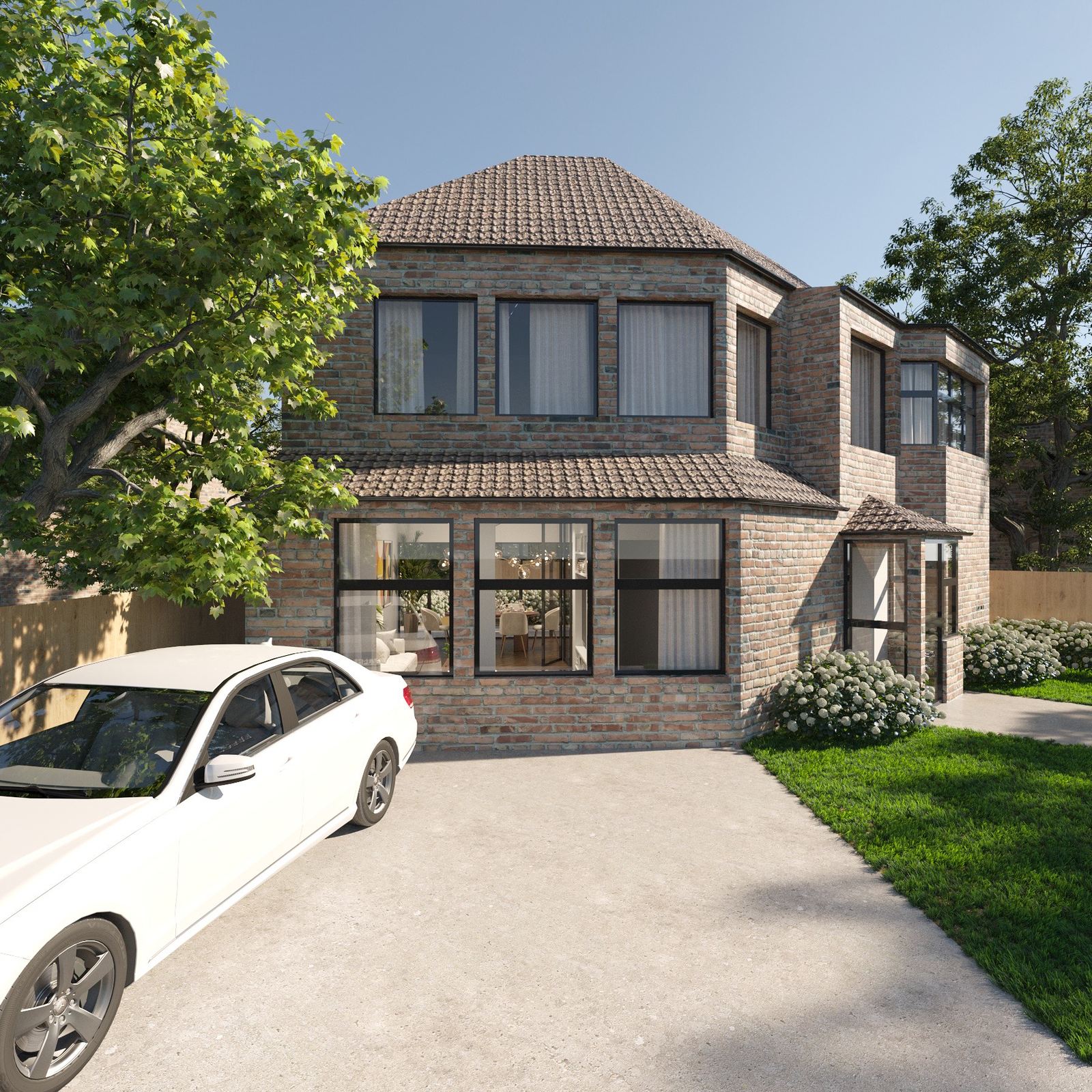 Birch Road, London — front elevation in reclaimed stock brick with a tiled hipped roof, steel-framed windows and a gravel driveway