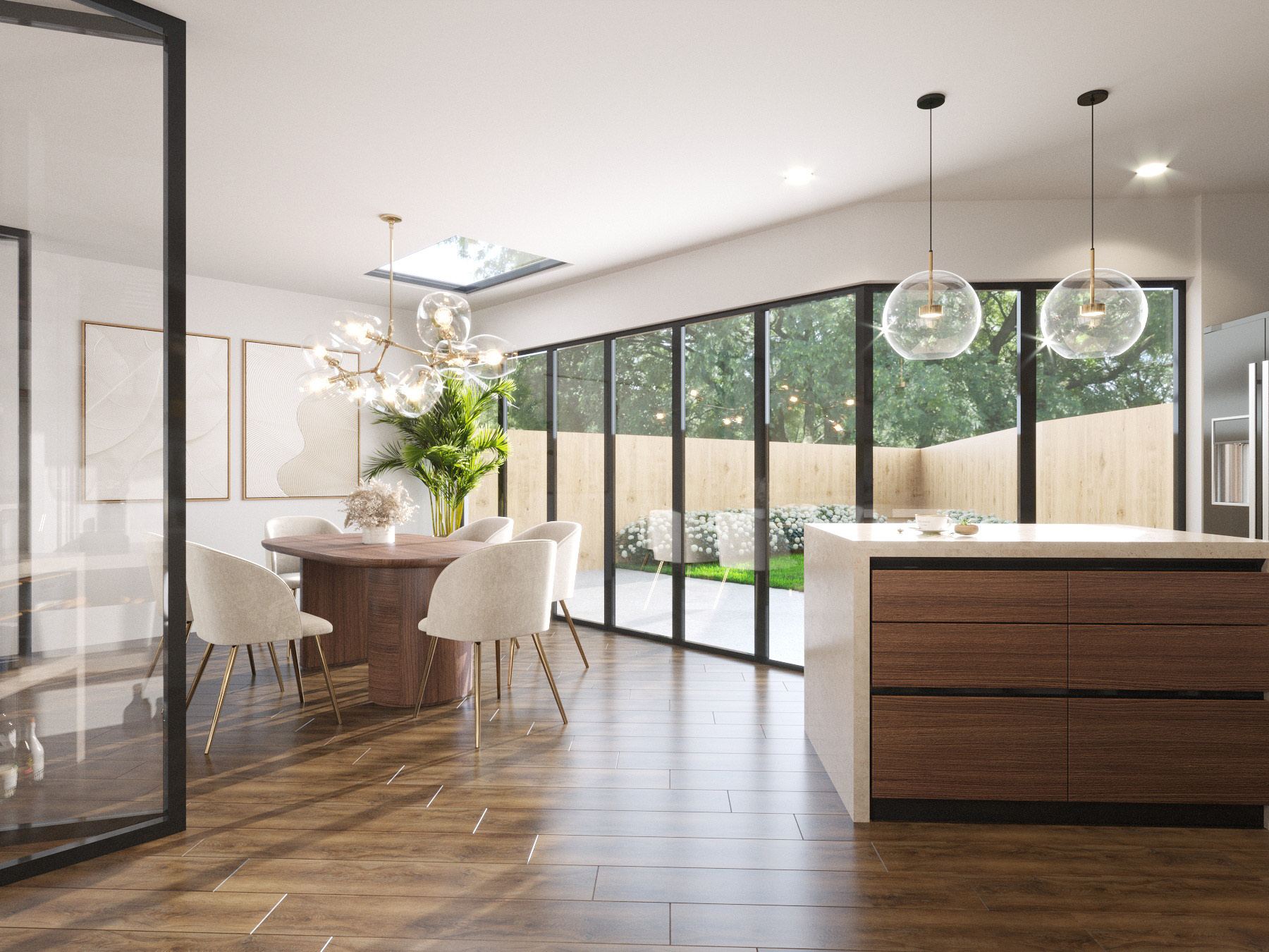 Birch Road — kitchen and dining room with a walnut and stone island, glass globe pendants, a flush rooflight and steel-framed doors to the terrace