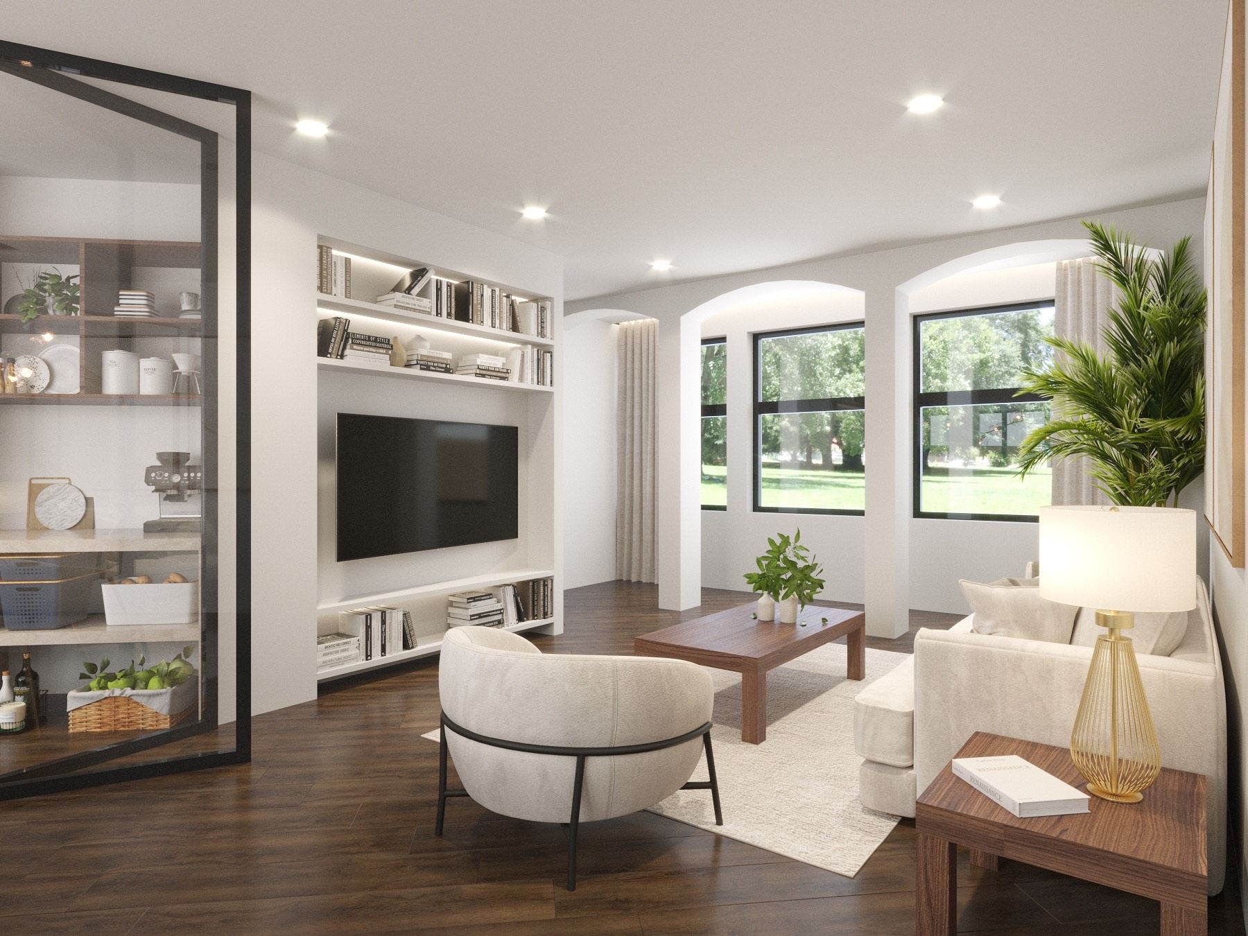 Birch Road — living room with an arched window bay, built-in shelving and media wall, and a steel-framed glazed screen to the pantry