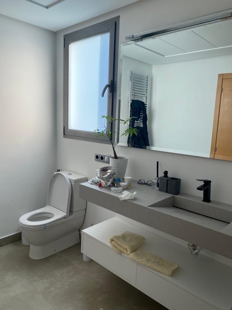 The new third bathroom, formed in a former storage and dressing room, with the new window beside the quartz vanity