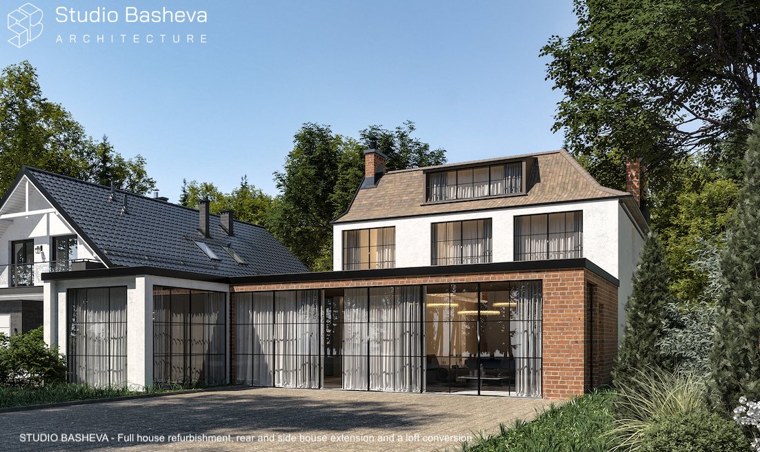 Second rear view of the brick and glazed extension showing the full width of the garden elevation
