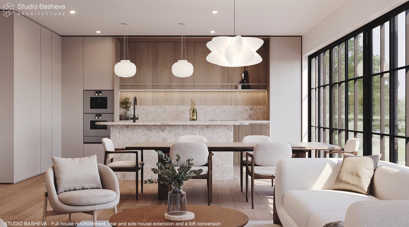 Open-plan kitchen with stone island, timber cabinetry, and full-height glazing onto the garden