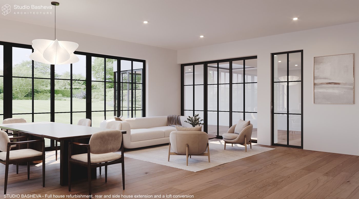 Living and dining space with steel-framed glazed doors opening onto the rear garden