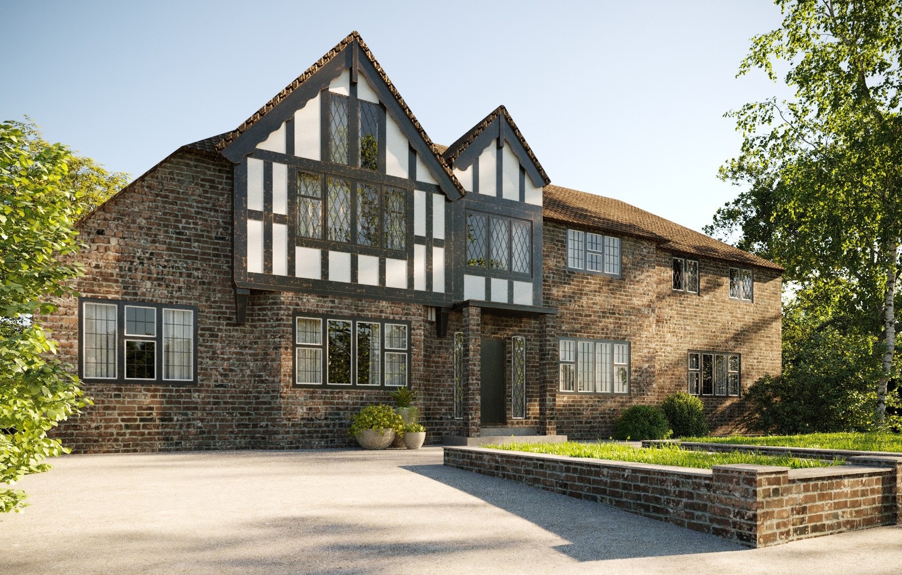 Front facade of Deansway Road showing the timber-framed gables, brick elevation, and landscaped entrance