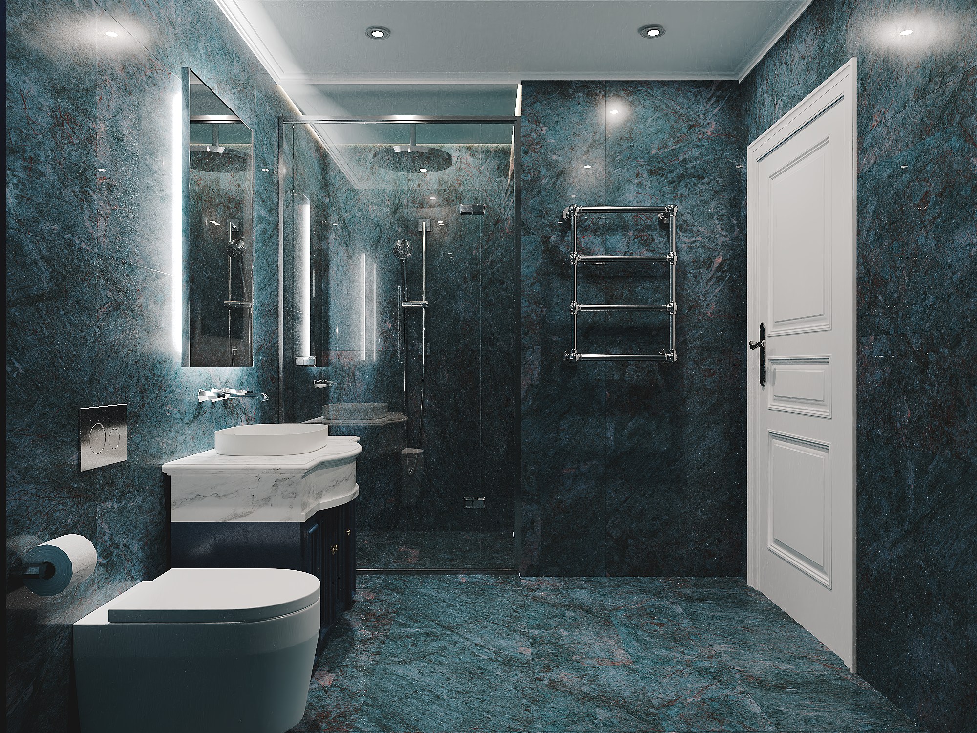 En-suite bathroom in deep teal marble with a marble-topped vanity and chrome heated towel rail