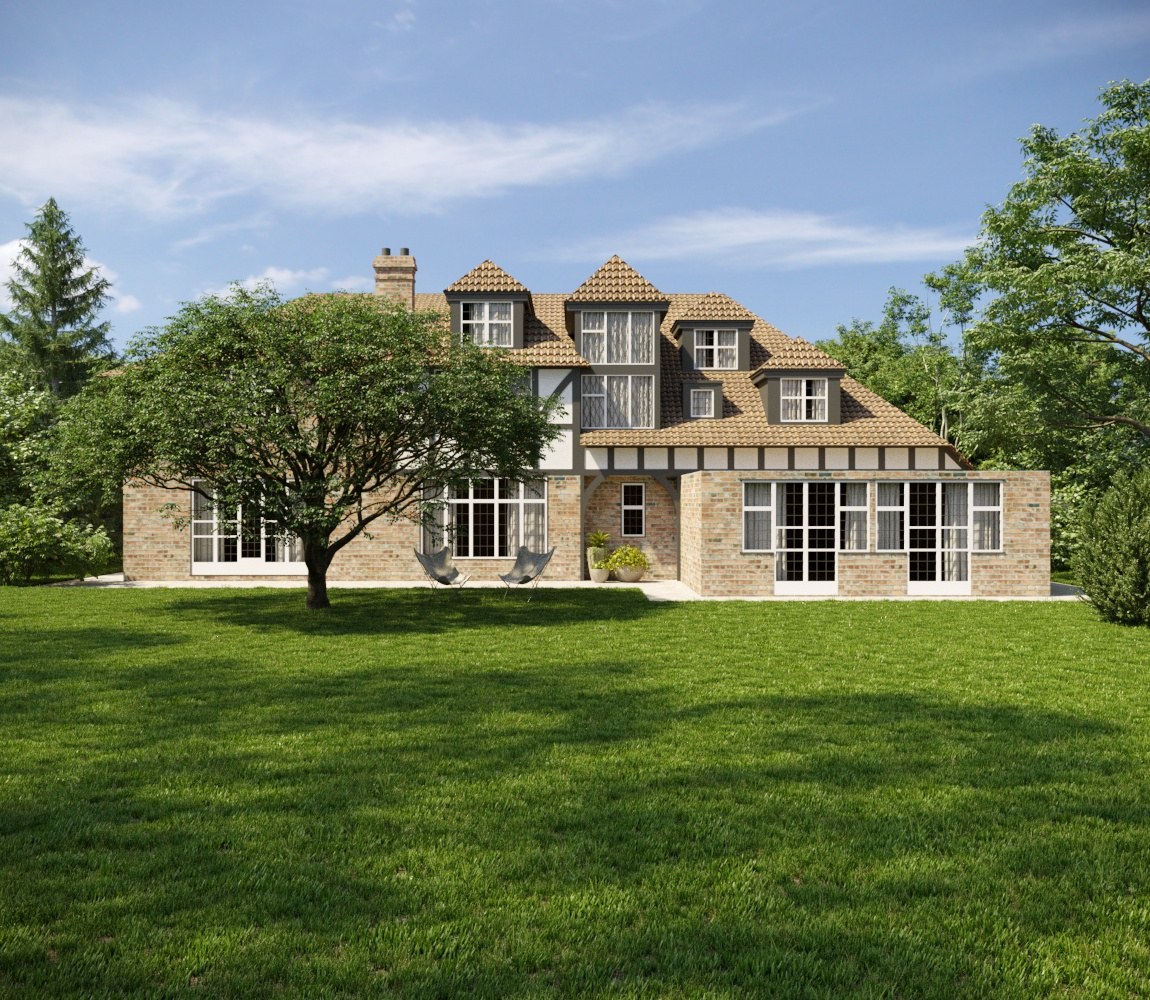 Rear elevation of Deansway Road with Tudor-revival gables, dormer windows and mature garden trees
