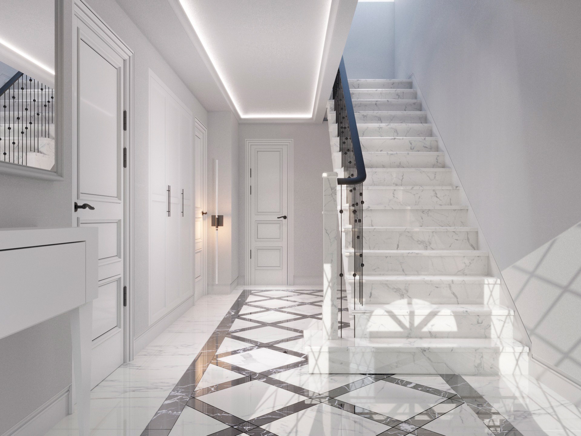 Entrance hallway with book-matched marble flooring in a diamond pattern and a marble staircase