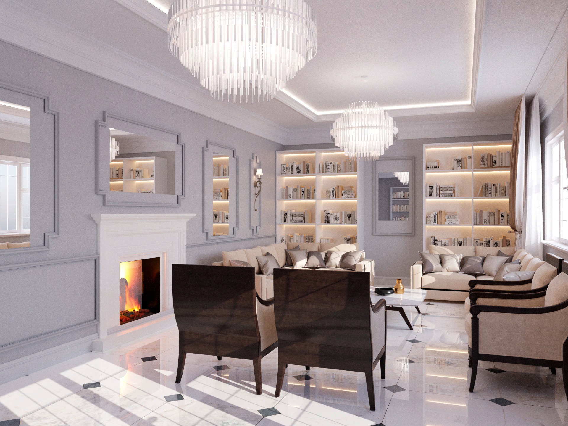Reception room with fireplace, full-height built-in bookshelves and twin crystal chandeliers