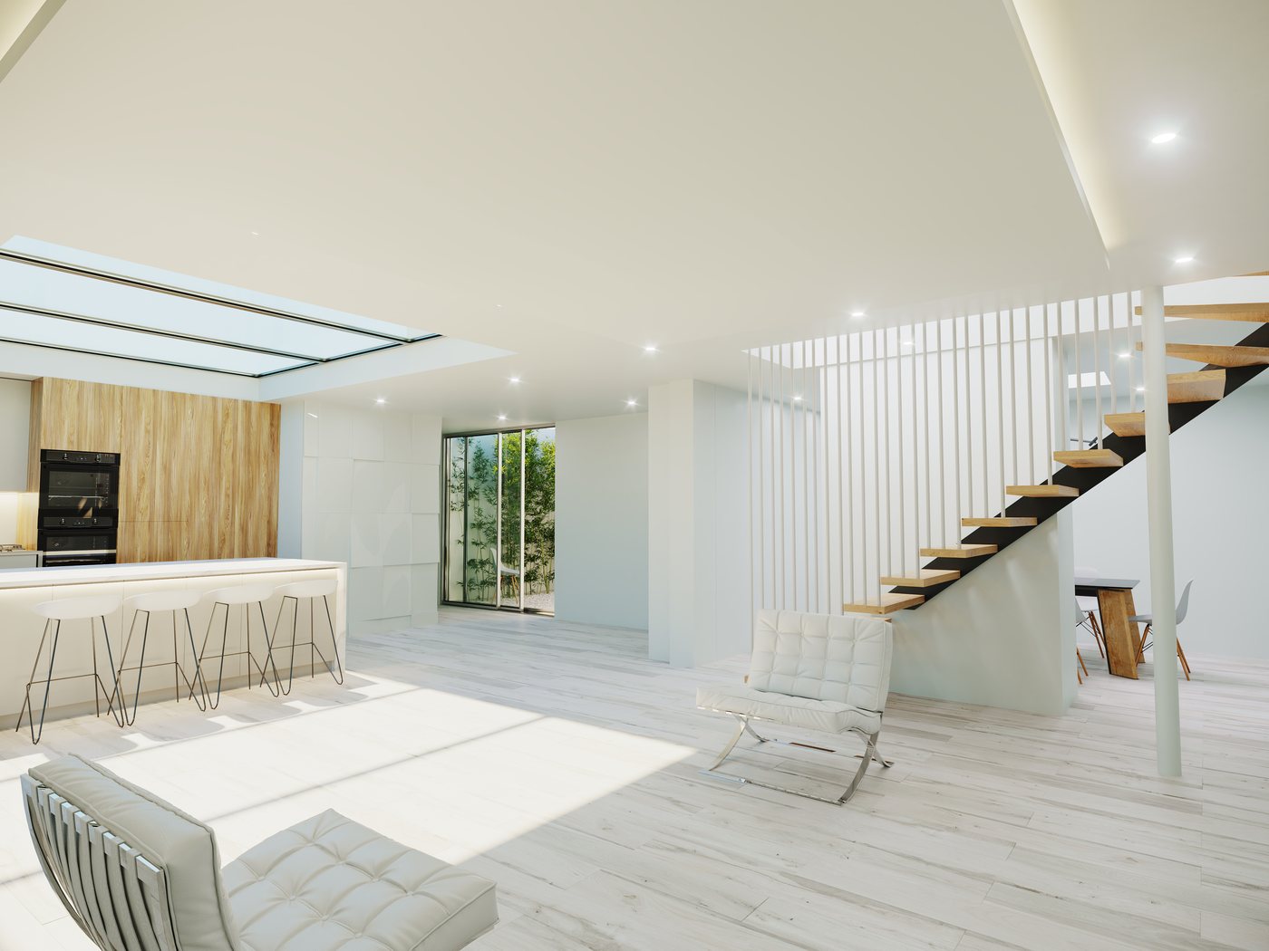Open-plan kitchen and living space flooded with daylight from the structural skylight, with sculptural timber-clad staircase and courtyard beyond