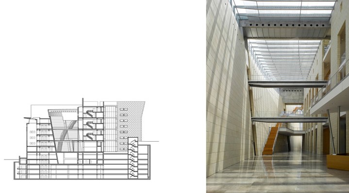 Haifa Supreme Court — long section drawing paired with a view along the full-height stone atrium