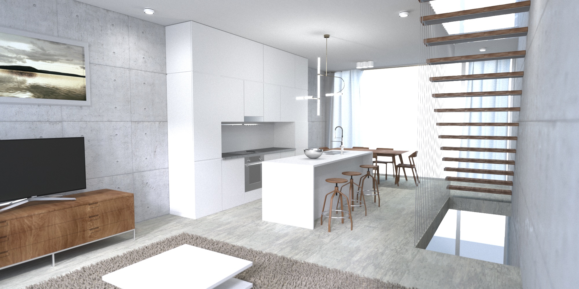 Open-plan kitchen and living room of Kenbury Works house with exposed concrete walls, white cabinetry and floating timber stair