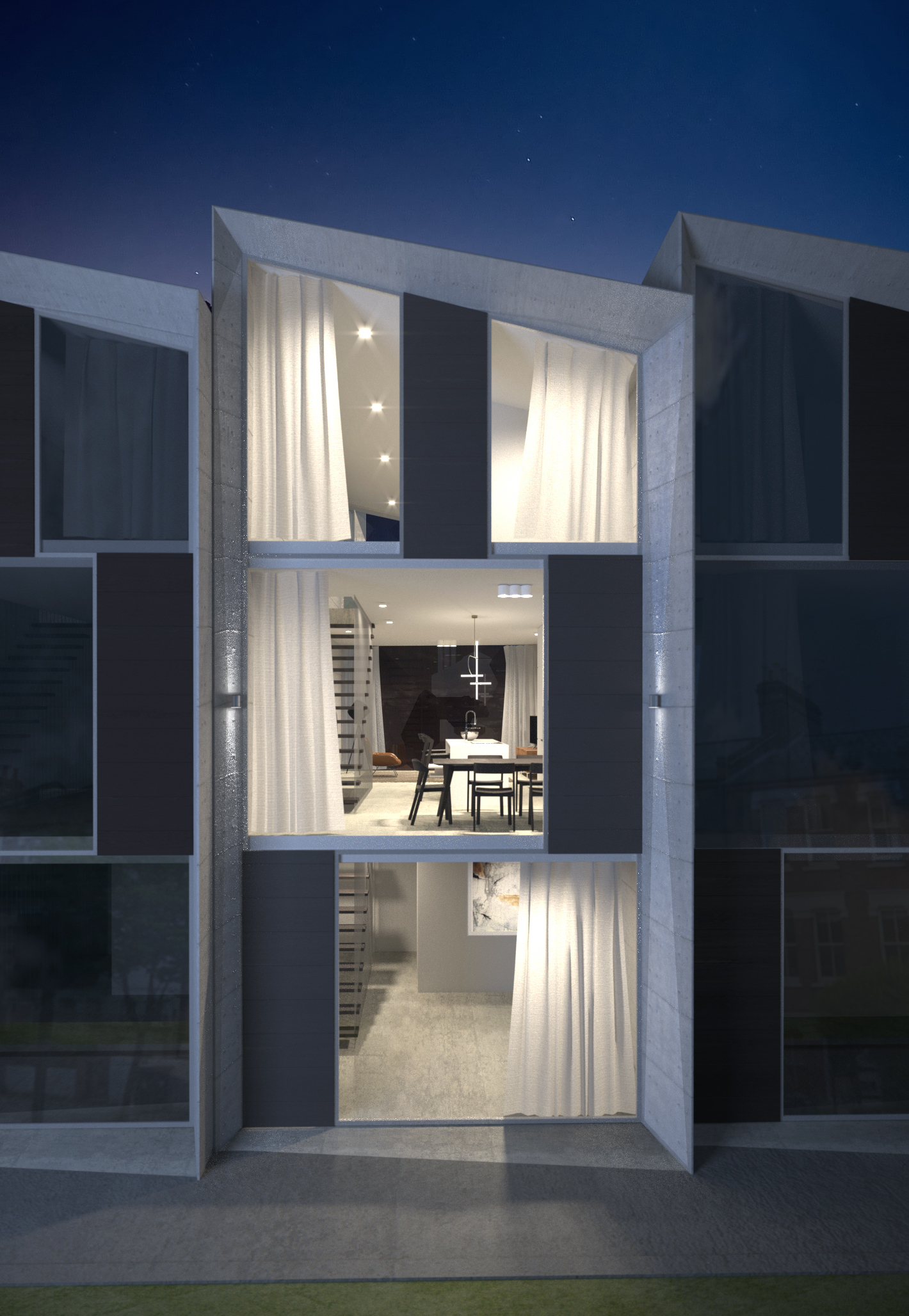 Night-time façade render of Kenbury Works showing glazed three-storey concrete house with illuminated interior across all levels
