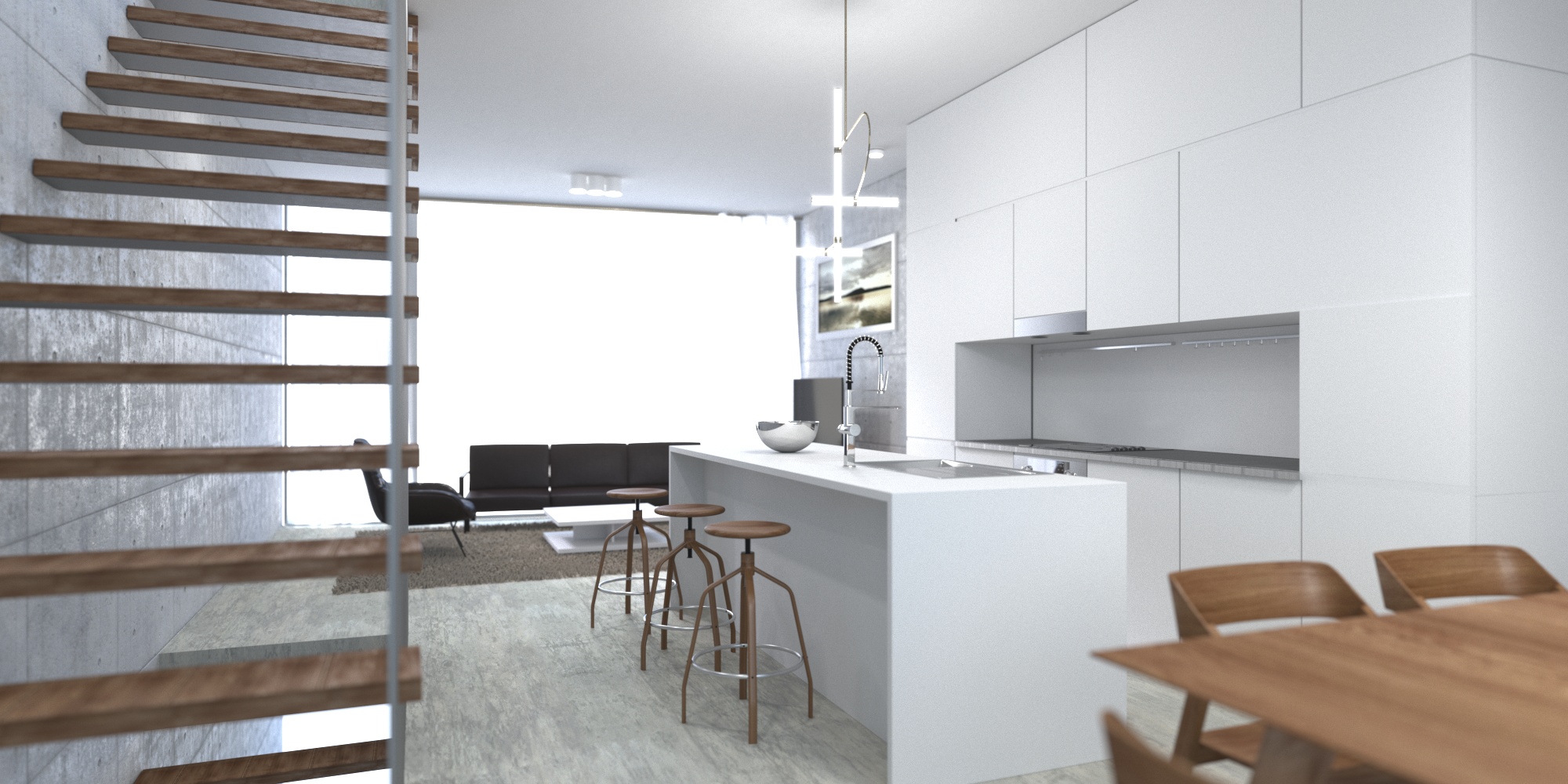 Interior render of Kenbury Works showing kitchen island, timber dining table and floating stair with open living space beyond