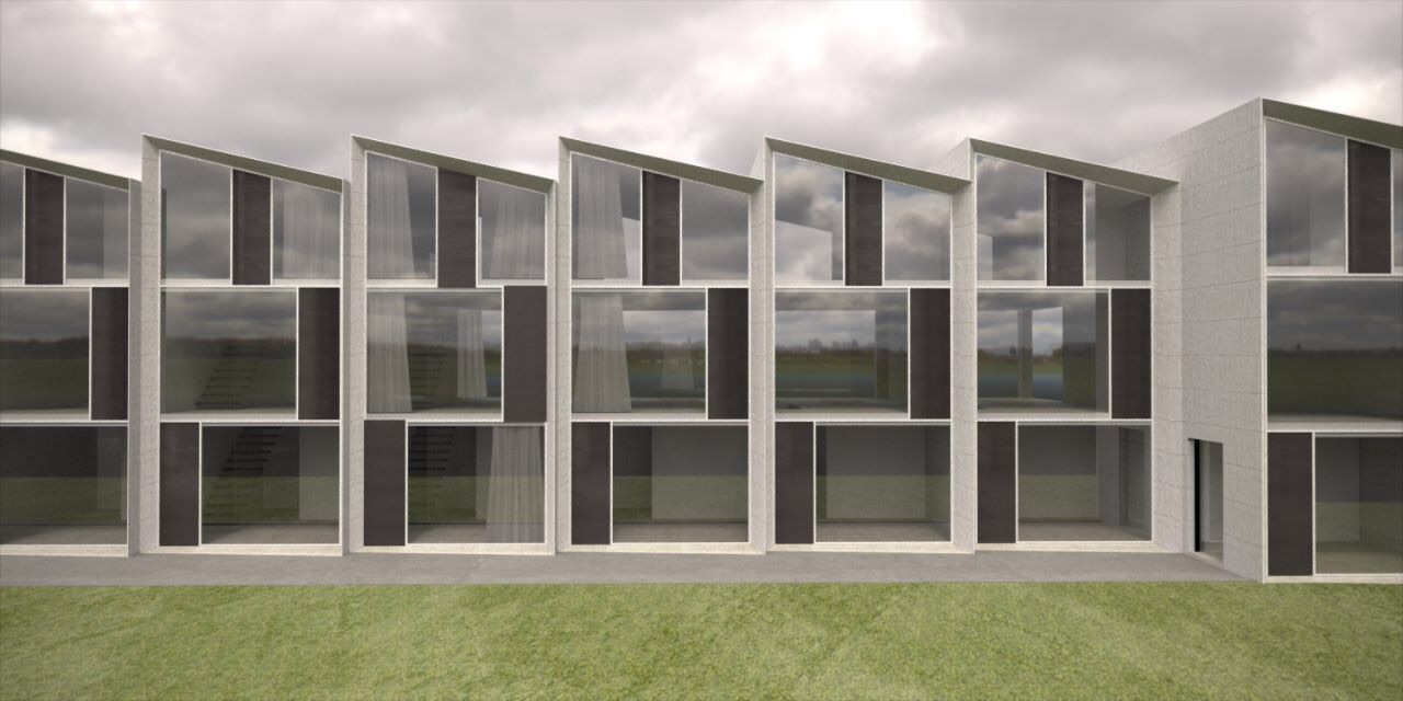Perspective render of Kenbury Works terrace showing end-of-terrace concrete party wall and continuous glazed façade
