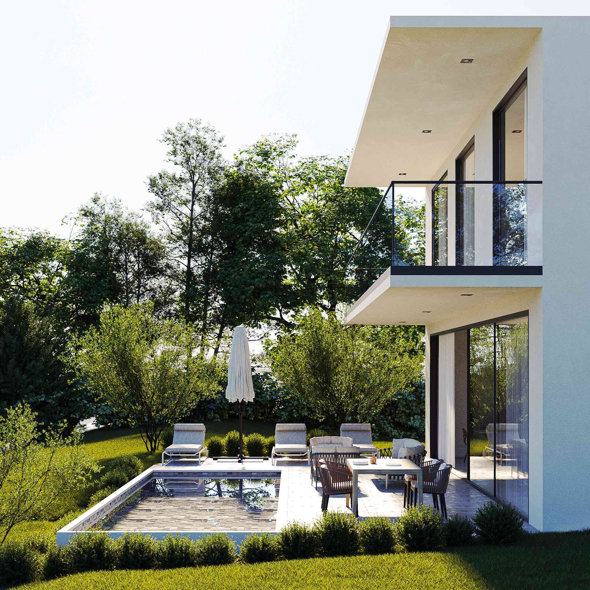 Exterior detail of N120 villa's cantilevered balcony, pool and terrace seating