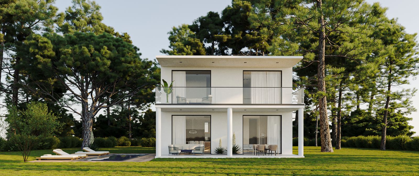 N200 signature villa — sunlit exterior with pool, terrace and pine surroundings, Valencia, Spain