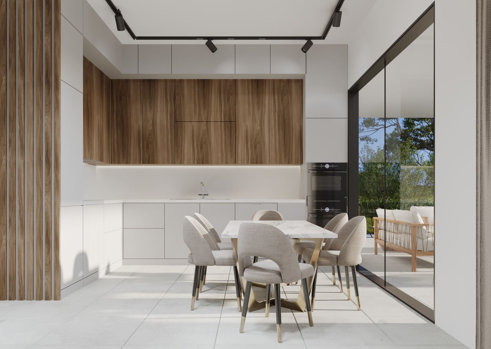 N200 signature villa — white marble dining table and walnut kitchen cabinetry