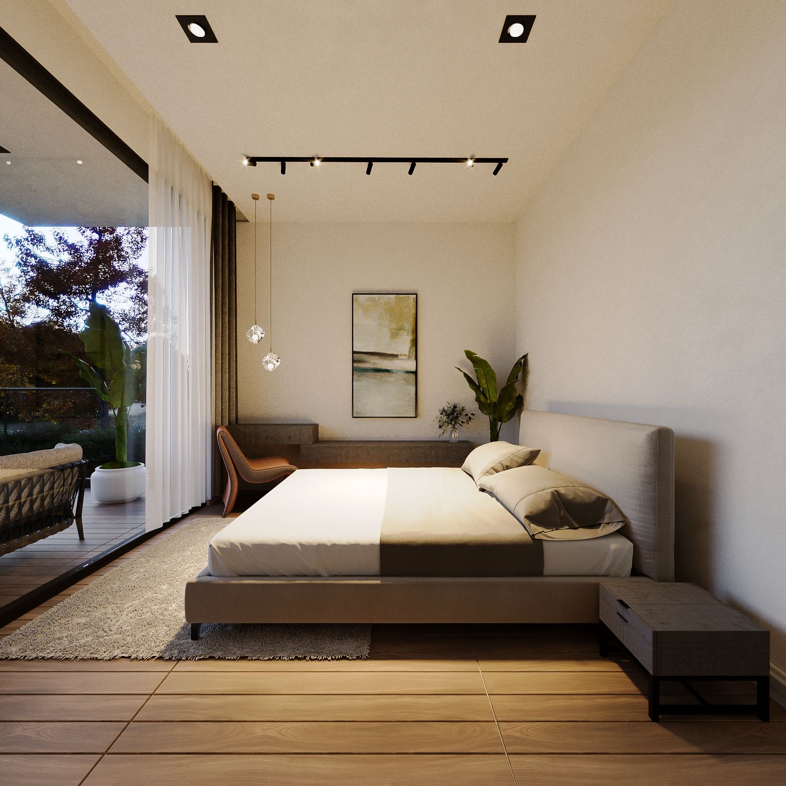 N200 signature villa — primary bedroom at dusk with upholstered headboard and terrace access