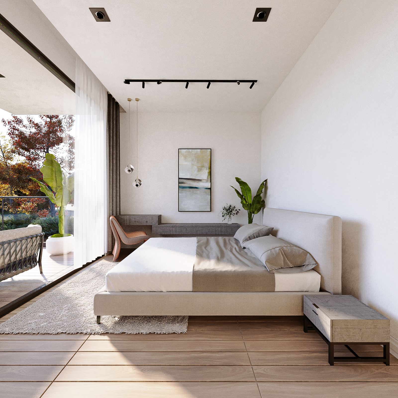 N200 signature villa — primary bedroom in daylight with leather lounge chair and garden view