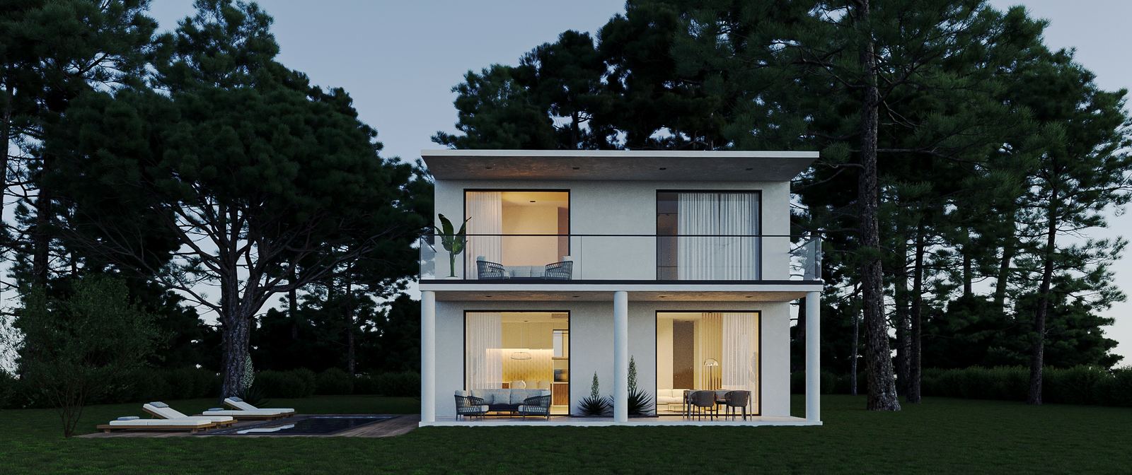 N200 signature villa — dusk exterior view with illuminated interiors, pool and terrace