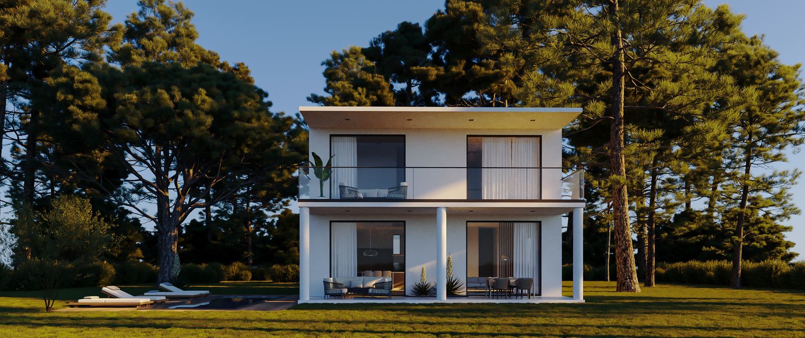 N200 signature villa — golden hour exterior with pool deck and mature pine trees