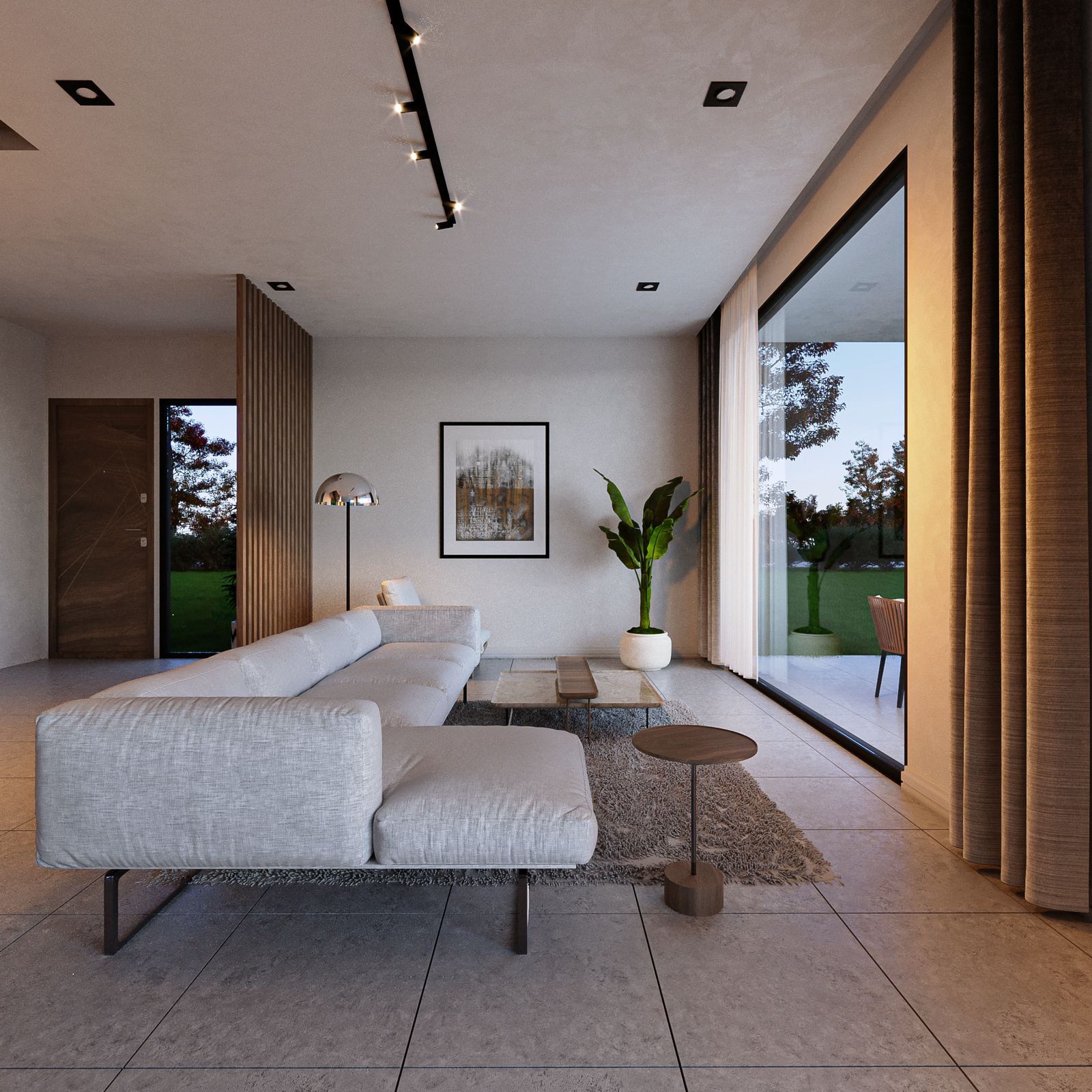 N200 signature villa — open-plan living room at night with sectional sofa and floor-to-ceiling glazing