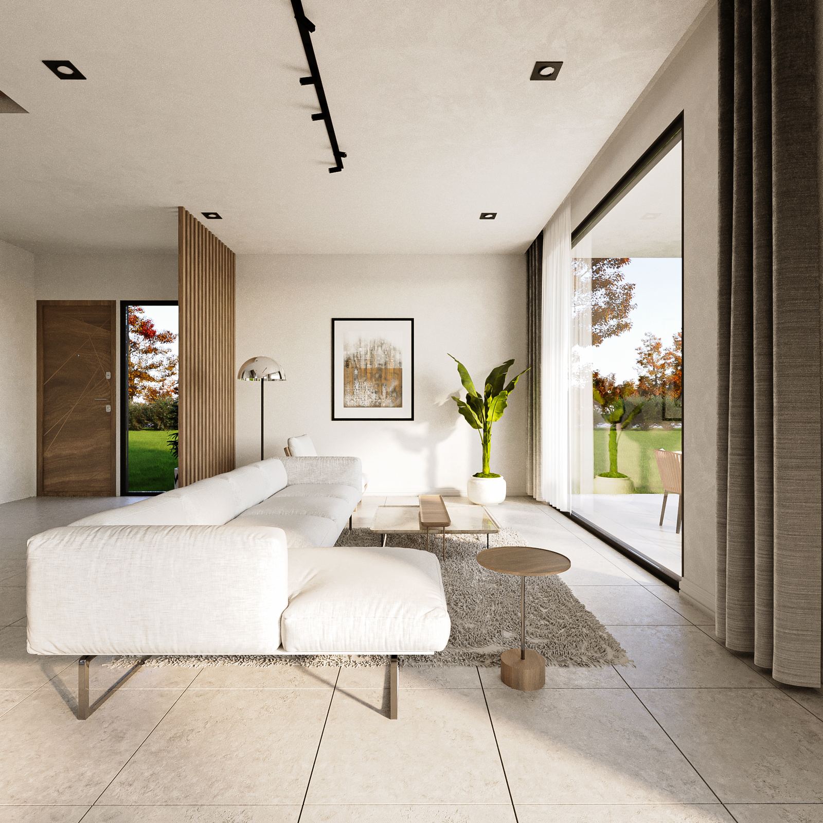N200 signature villa — bright living room with white sectional sofa and garden views