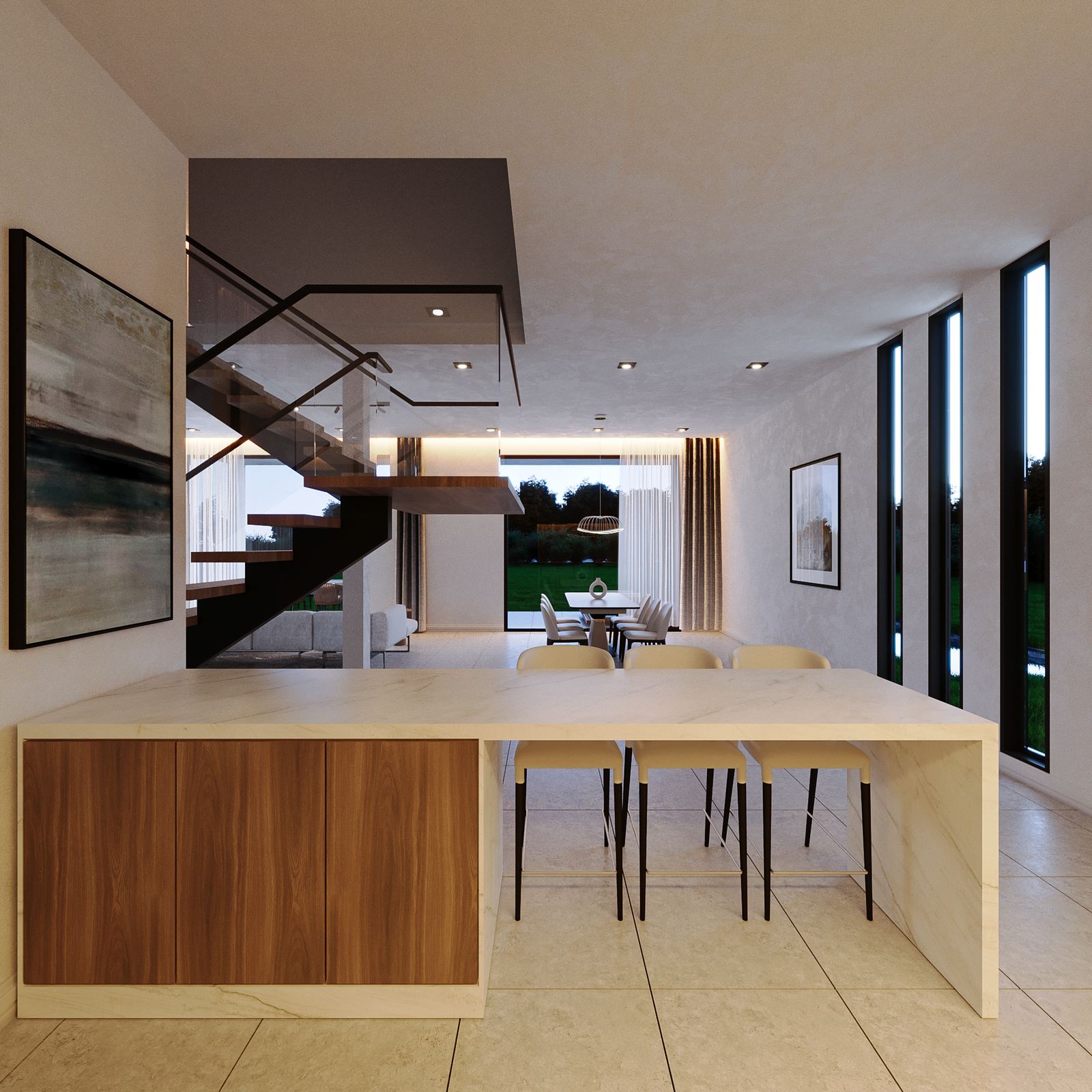 N200 signature villa — kitchen island, dining table and floating staircase at dusk