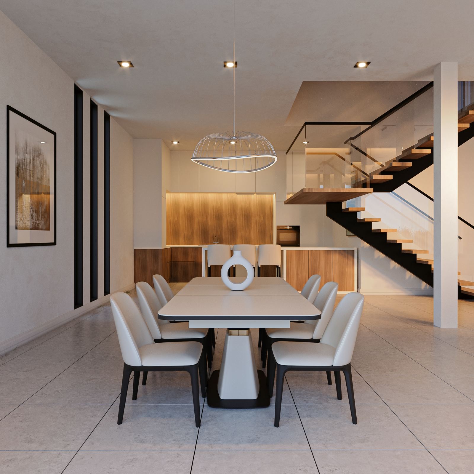 N200 signature villa — eight-seat dining table with wire pendant light and walnut kitchen joinery