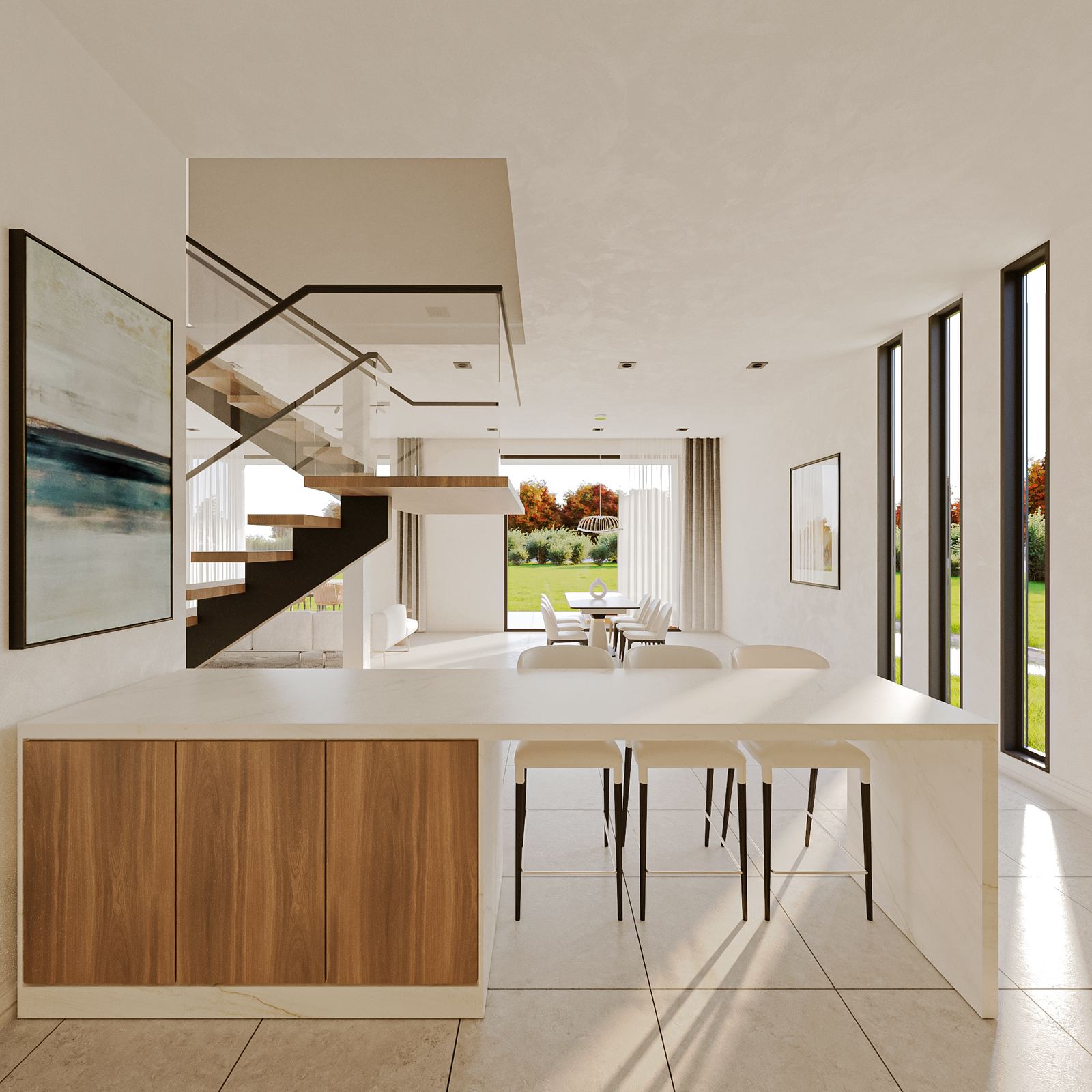 N200 signature villa — kitchen and dining area in daylight with autumn garden views