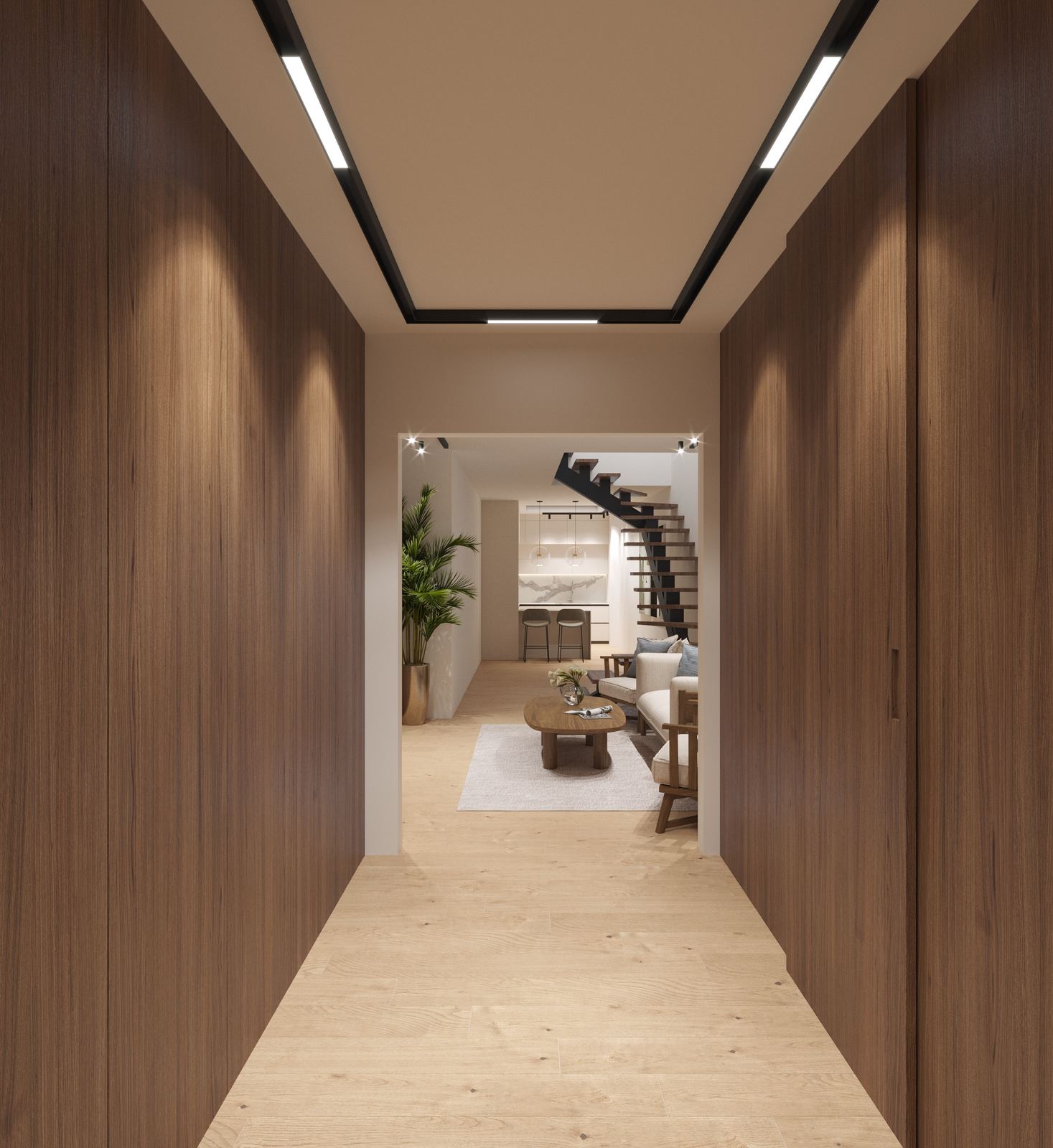 Casa Progresso — entrance hall and open kitchen with marble island, walnut-fronted cabinetry and the new staircase to the roof extension