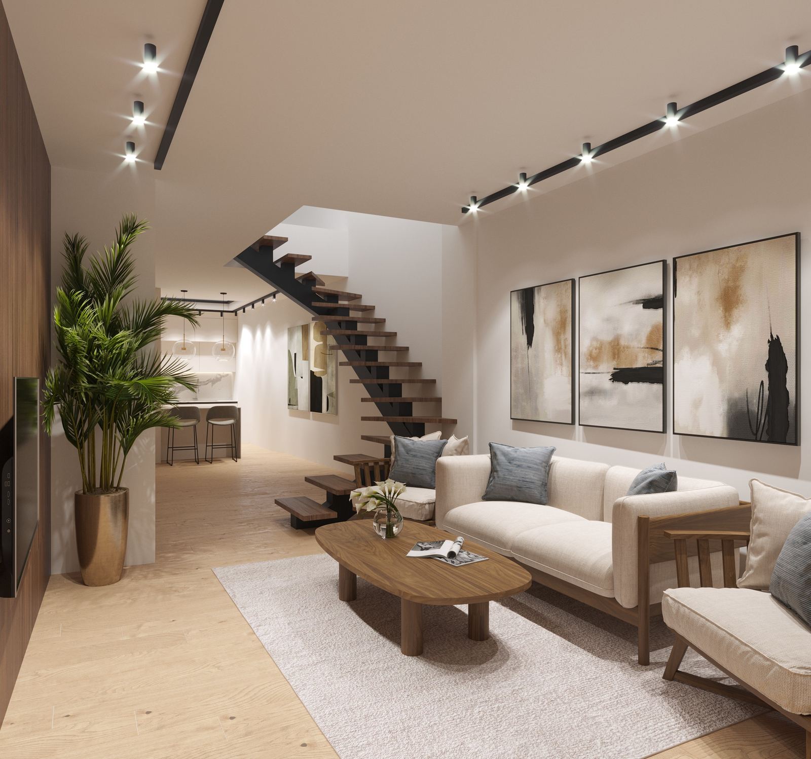 Casa Progresso — living room with the open-tread staircase, wall-mounted TV and gallery of framed artwork