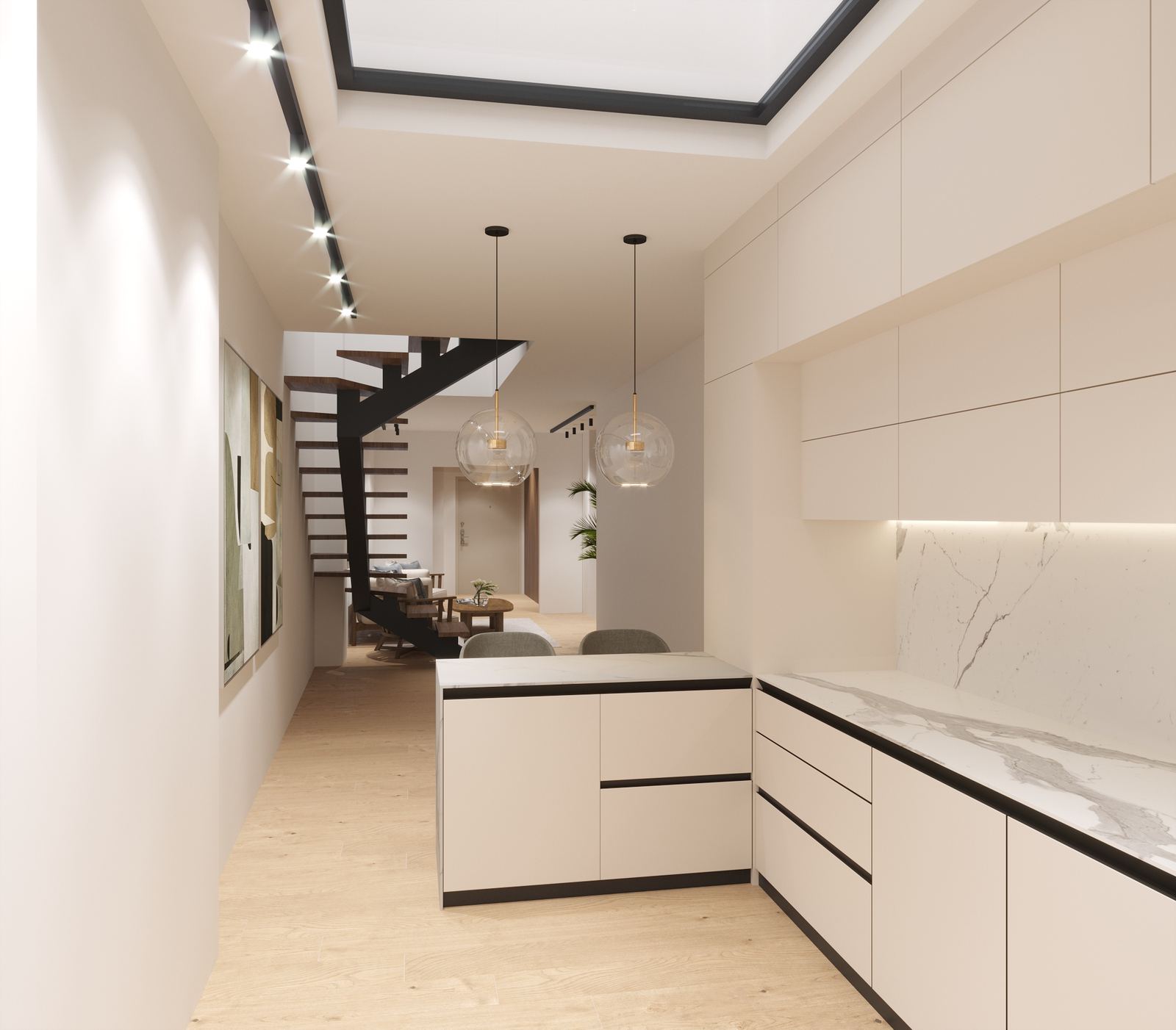 Casa Progresso — kitchen with walnut and white cabinetry, marble backsplash and integrated oven