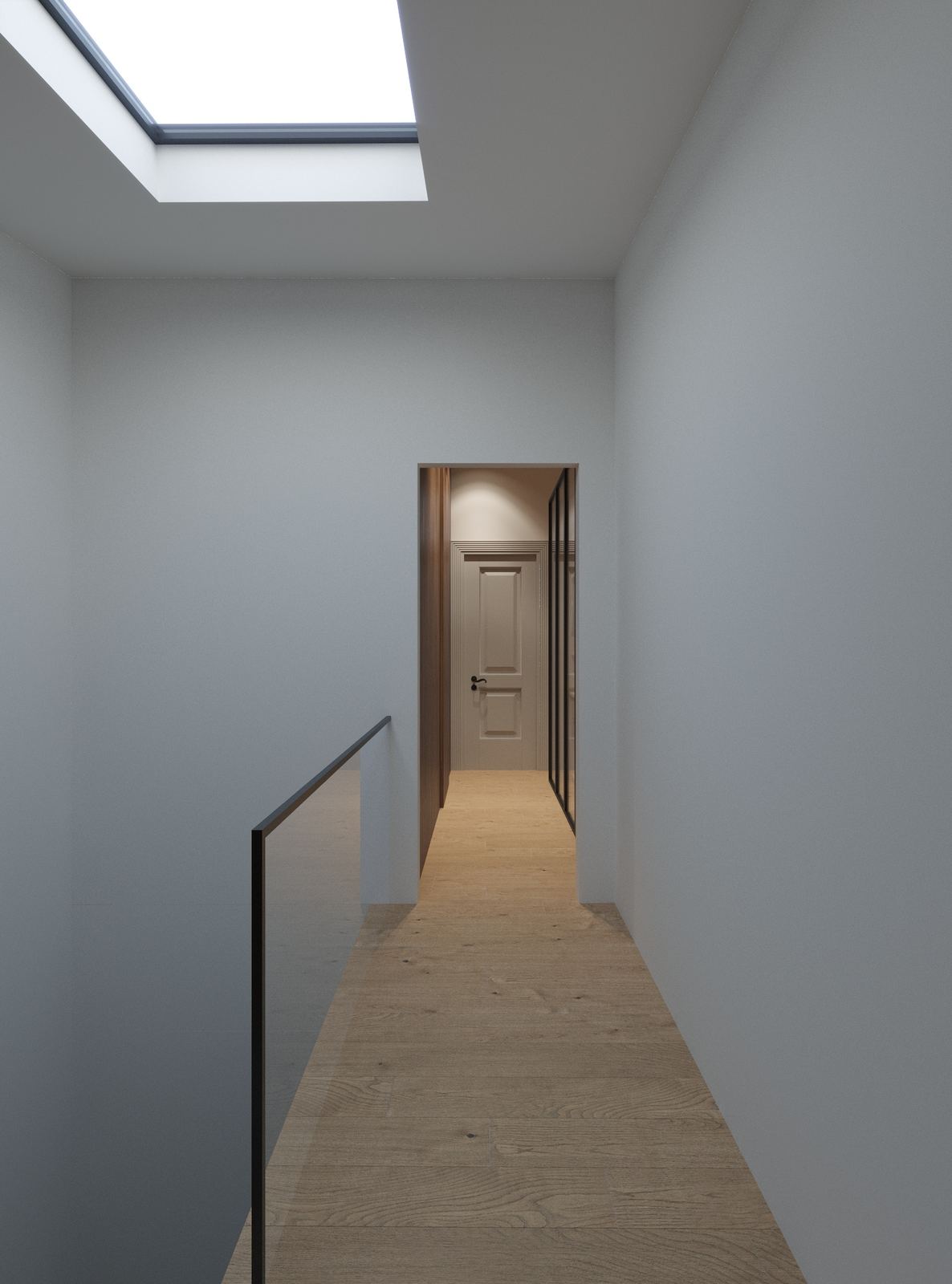 Casa Progresso — top-floor hallway added in the roof extension, with skylight and glass stair balustrade