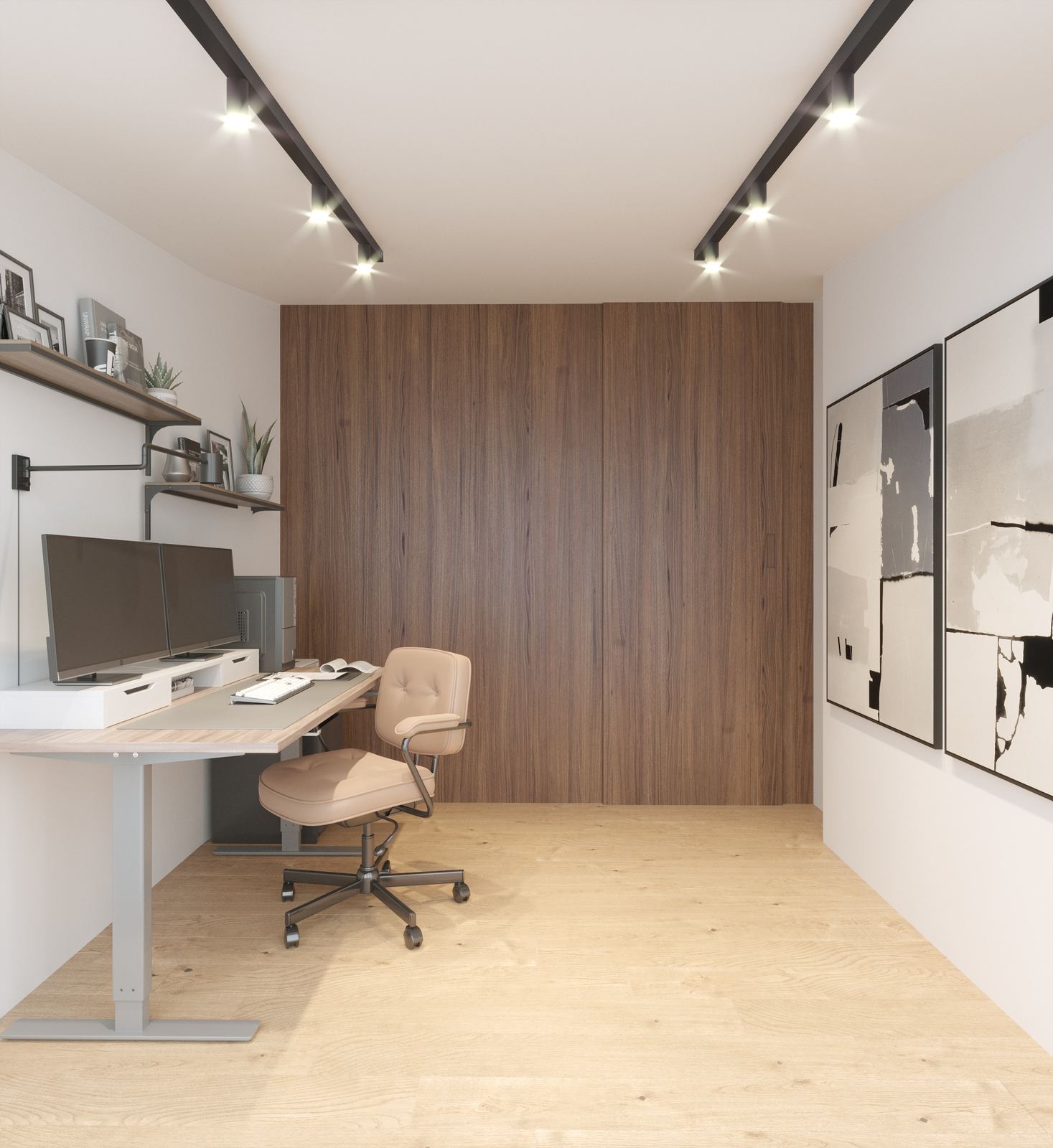 Casa Progresso — home office in the new roof extension with fitted walnut wardrobe and standing desk