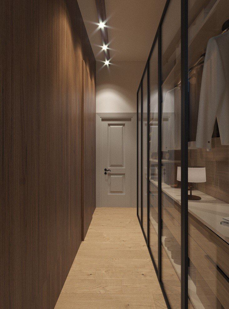 Casa Progresso — walk-in dressing room with glazed wardrobes off the top-floor bedroom