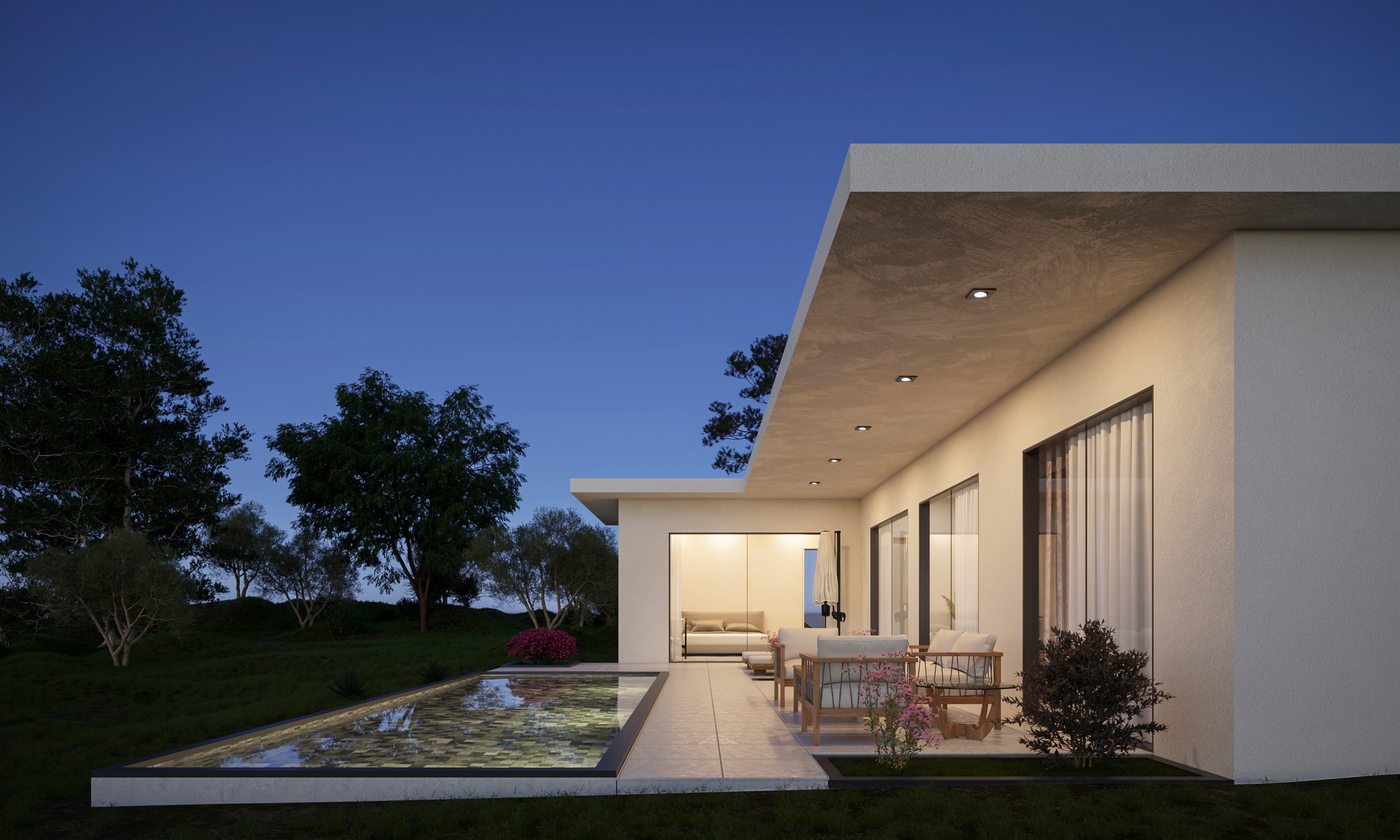 N90 villa — close corner view at dusk showing the cantilevered flat roof, terrace and pool lighting