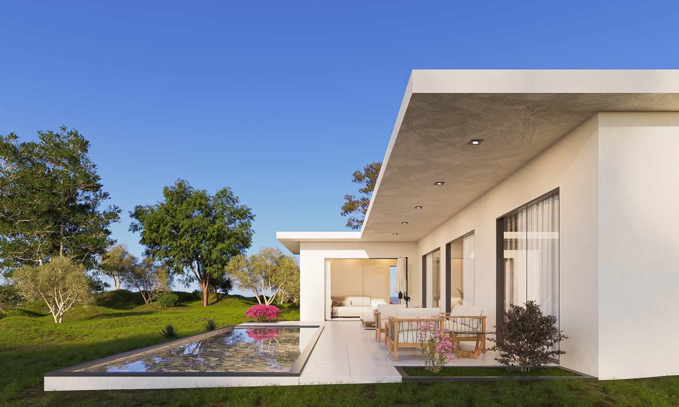 N90 villa — daytime corner view of the terrace, pool and landscaped garden with olive trees