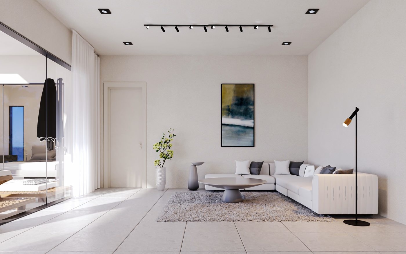 N90 villa living room — bright open-plan space with large format floor tiles, corner sofa and sliding glass access to the terrace