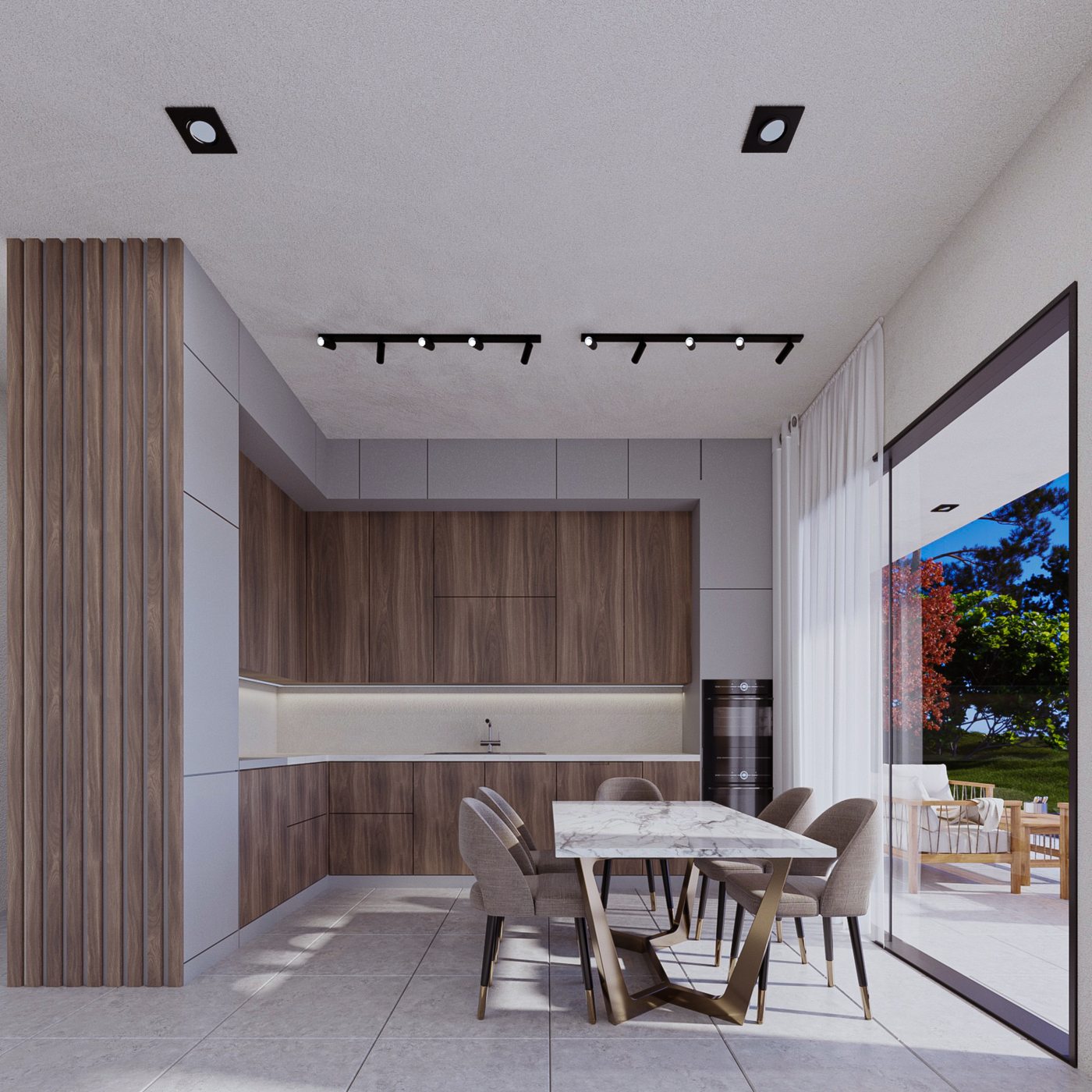 N90 villa kitchen and dining area — timber cabinetry, marble dining table and slatted wood screen divider