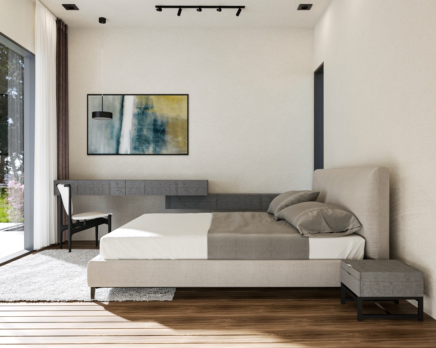 N90 villa master bedroom — calm neutral palette with timber headboard wall, floor-to-ceiling glazing and garden outlook