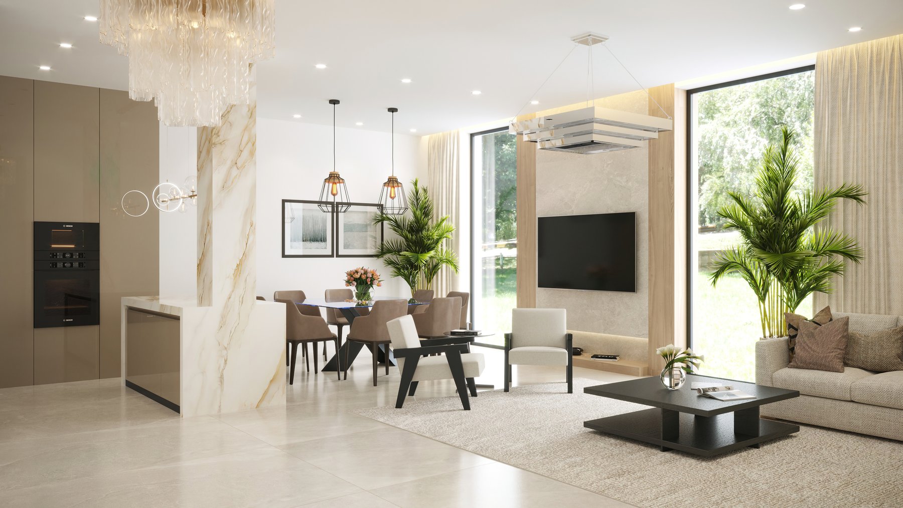 General Palanca, Valencia — open-plan living, dining and kitchen organised around a book-matched marble spine, with full-height glazing to the garden