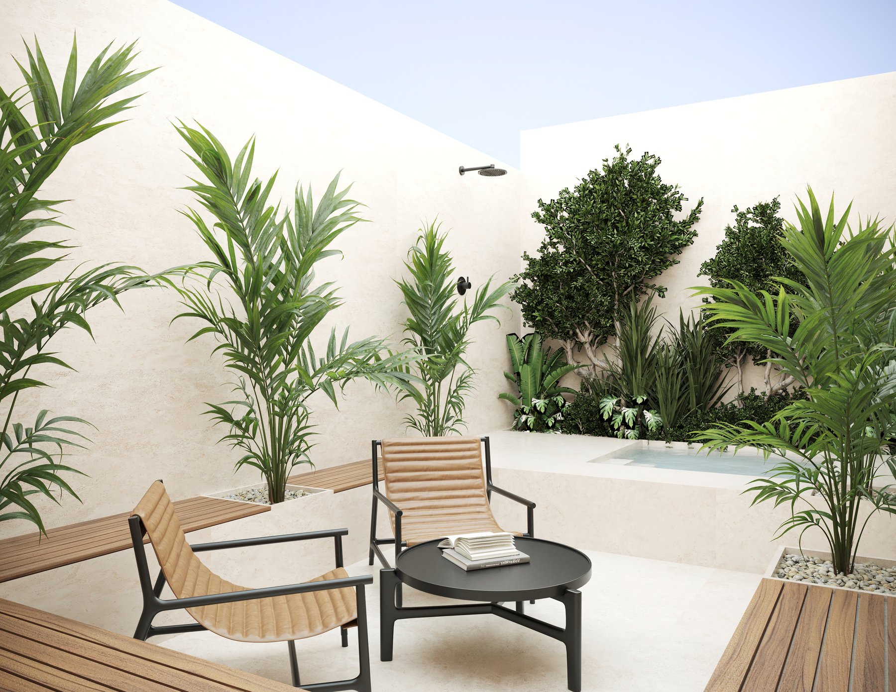 General Palanca — private courtyard terrace in travertine with a plunge pool, outdoor shower, timber bench and planted screen