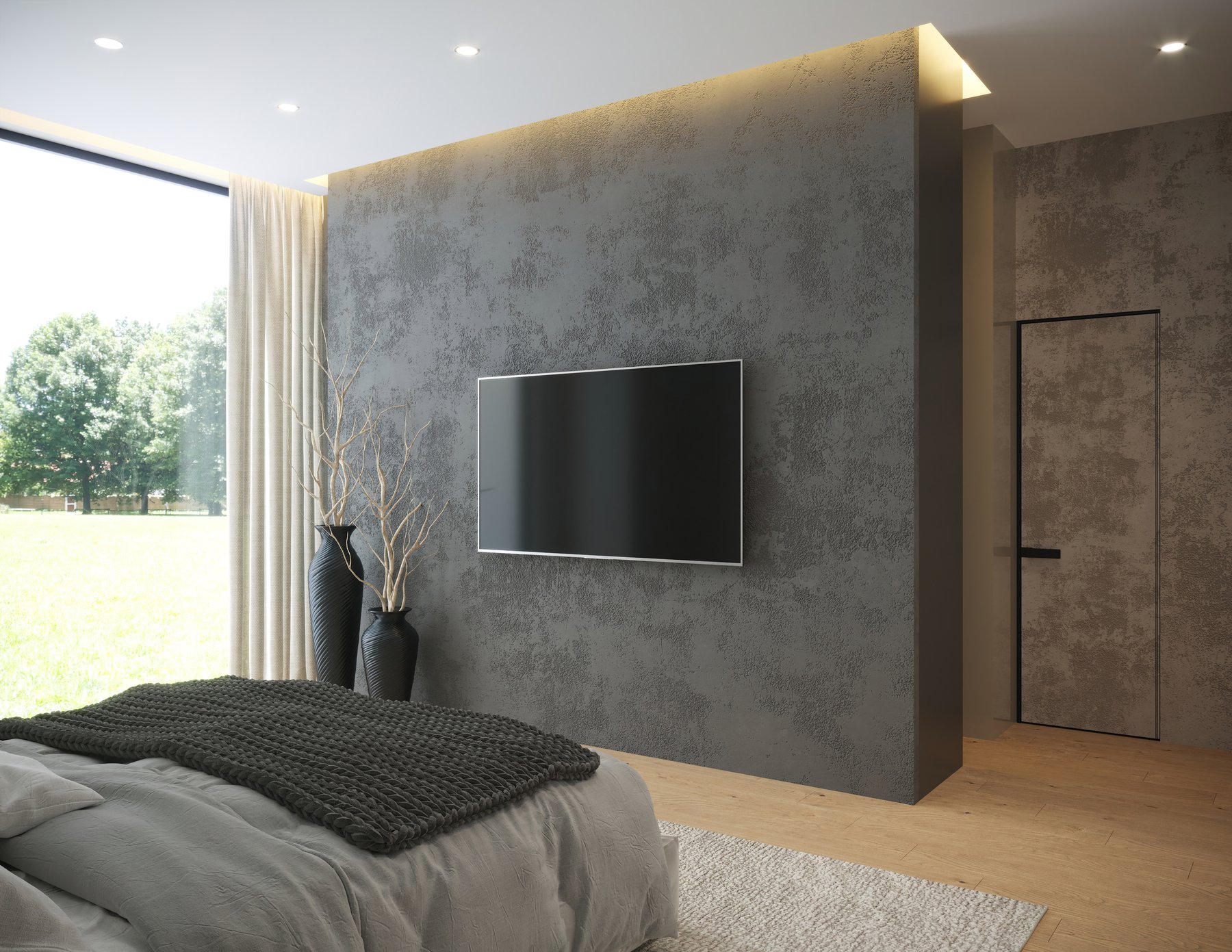 General Palanca — principal bedroom with a textured plaster media wall, concealed cove lighting and a flush oak door to the dressing area