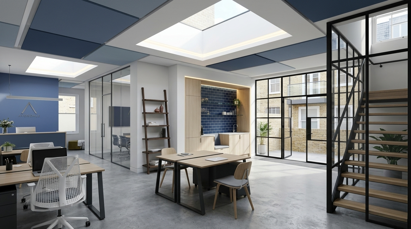 Interior workspace at Pratt Mews showing polished concrete floors and Crittall-style steel partitions