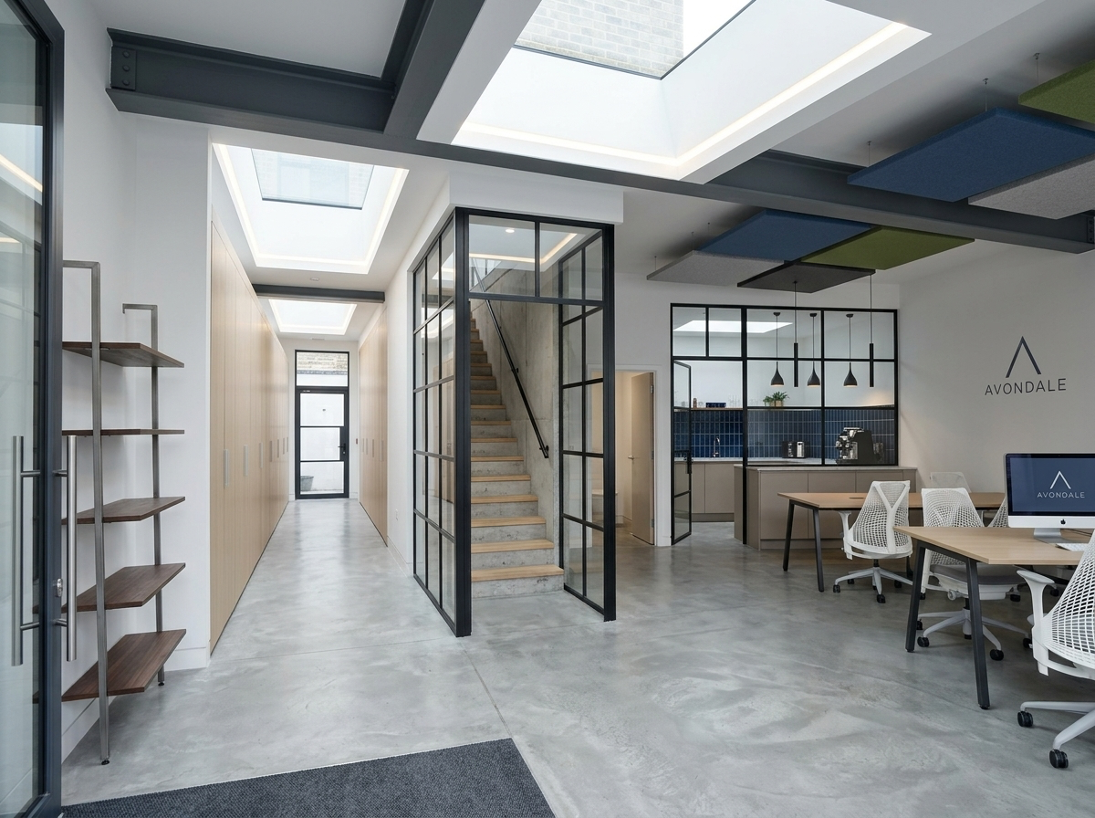 Roof extension and roofline detail of Pratt Mews commercial refurbishment, London Borough of Camden